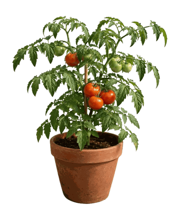 A tomato plant in a terracotta pot, carrying ripe and unripe fruit